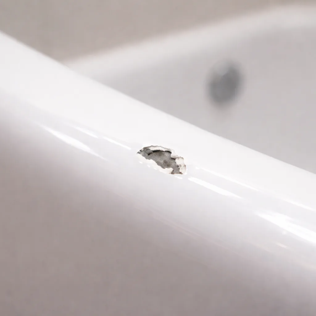 Close-up of bathtub chip damage